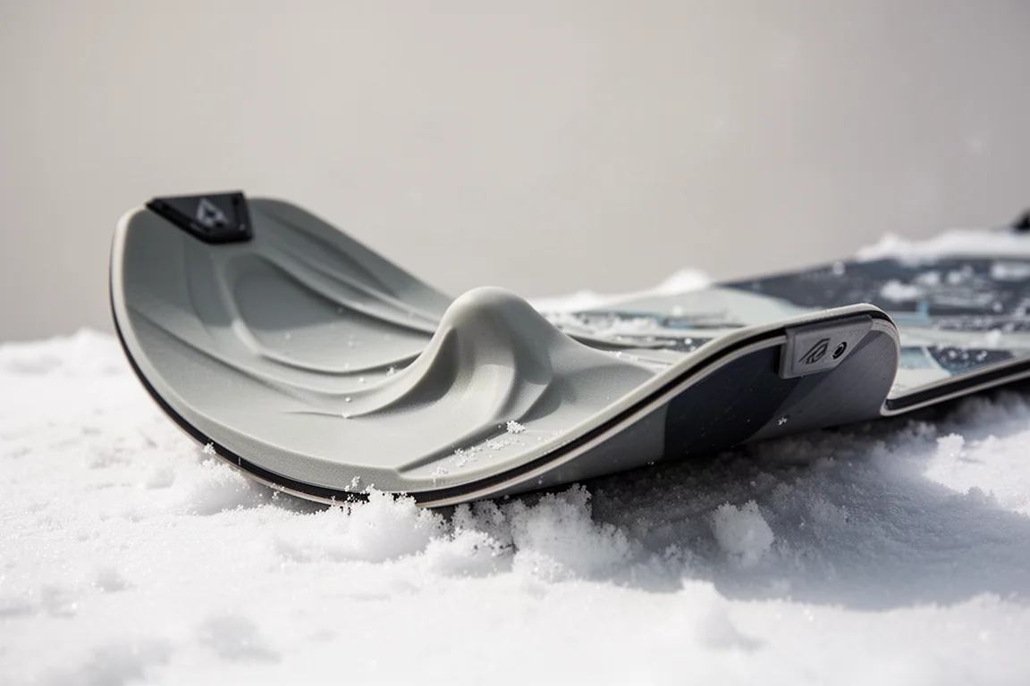 Close-up of a snowboard tail flexing during a poppy ollie on groomers