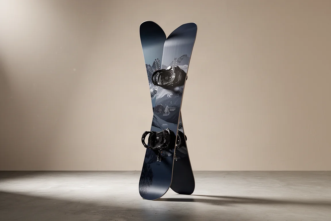 Rome Service Dog volume-shifted snowboard with wide nose and short tail on a grey backdrop