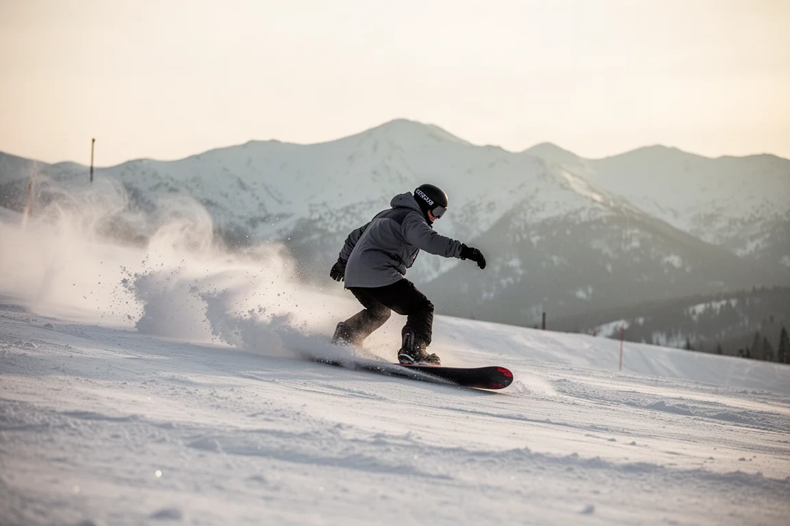 Snowboarder carving deep turns on a wide open slope in soft morning light