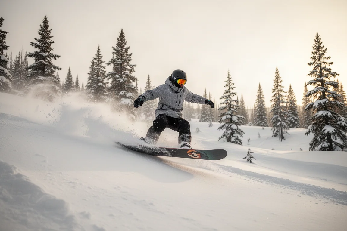 Snowboarder floating through deep powder turns in soft afternoon light