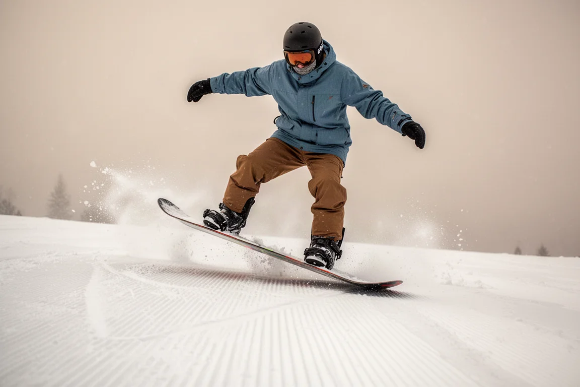 Snowboarder pressing the nose of the board on a groomed slope