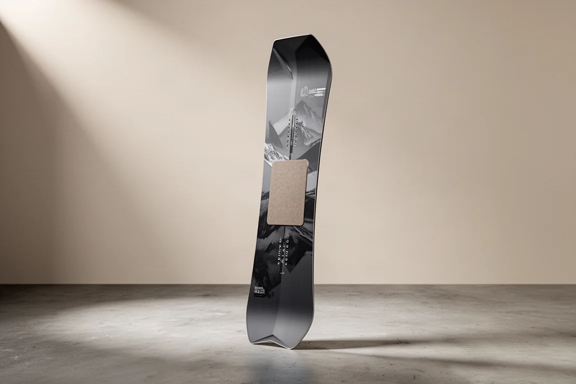 Rome Stale Fish freeride snowboard standing upright on a neutral studio backdrop
