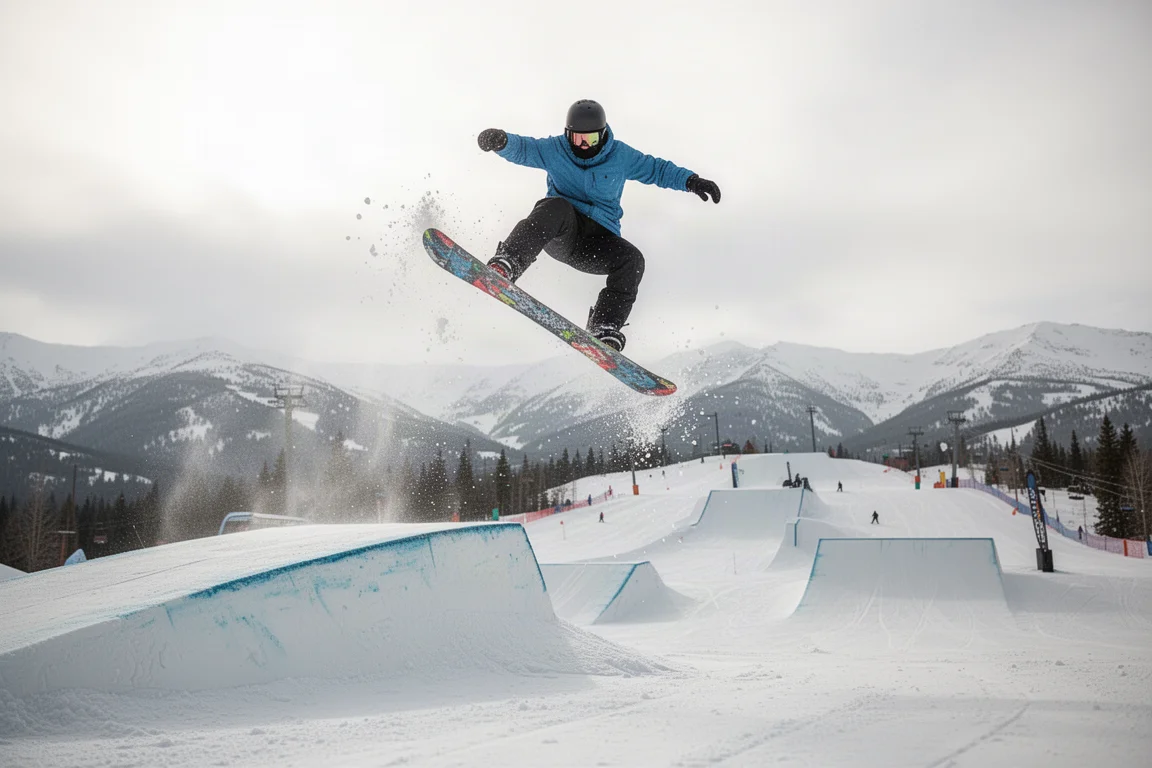 Snowboarder startet von einem Park-Kicker, das Board mitten in der Rotation