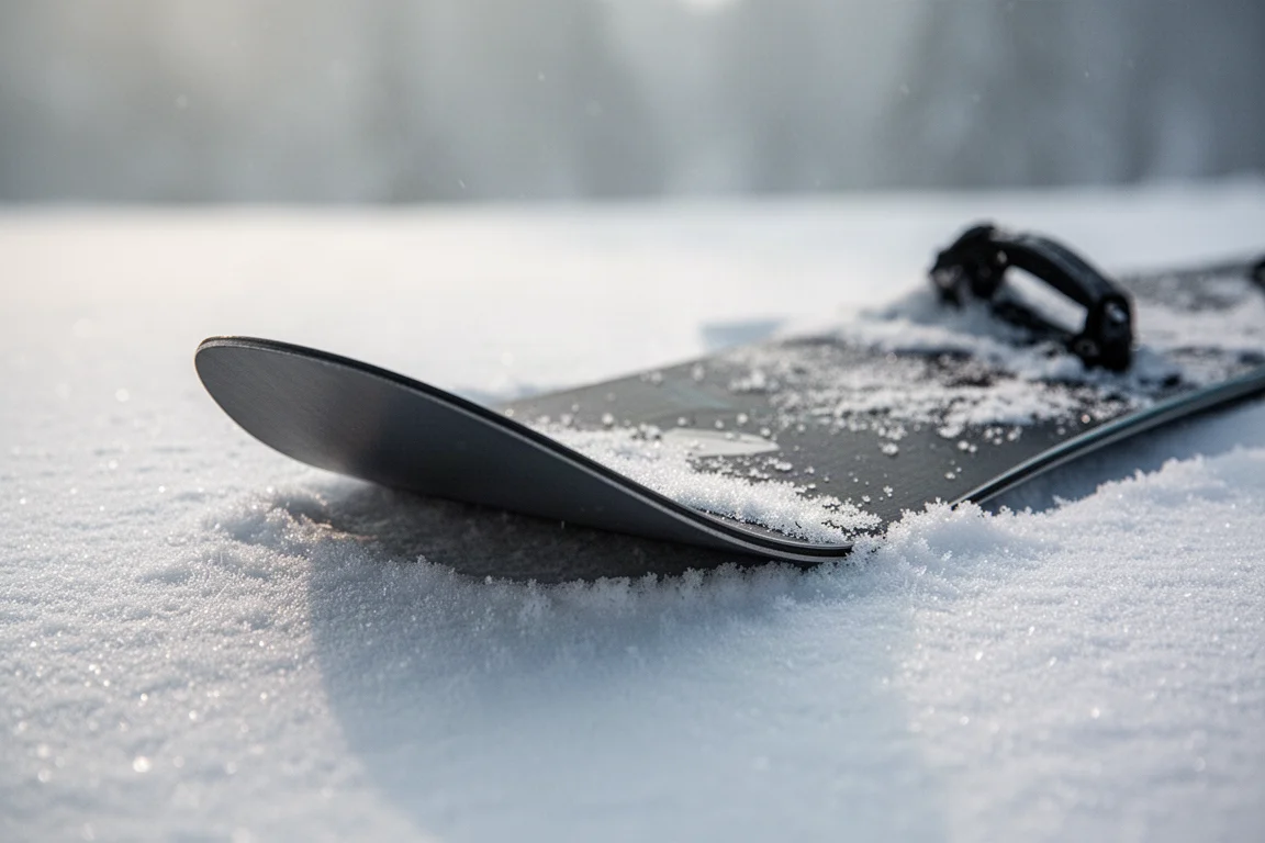 Nahaufnahme von Snowboard-Tip und -Tail mit schlankem, leichtem Profil