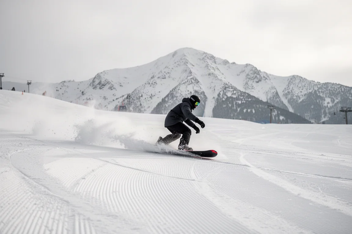 Snowboarder carvet auf einer präparierten Piste durch das Ende einer Kurve