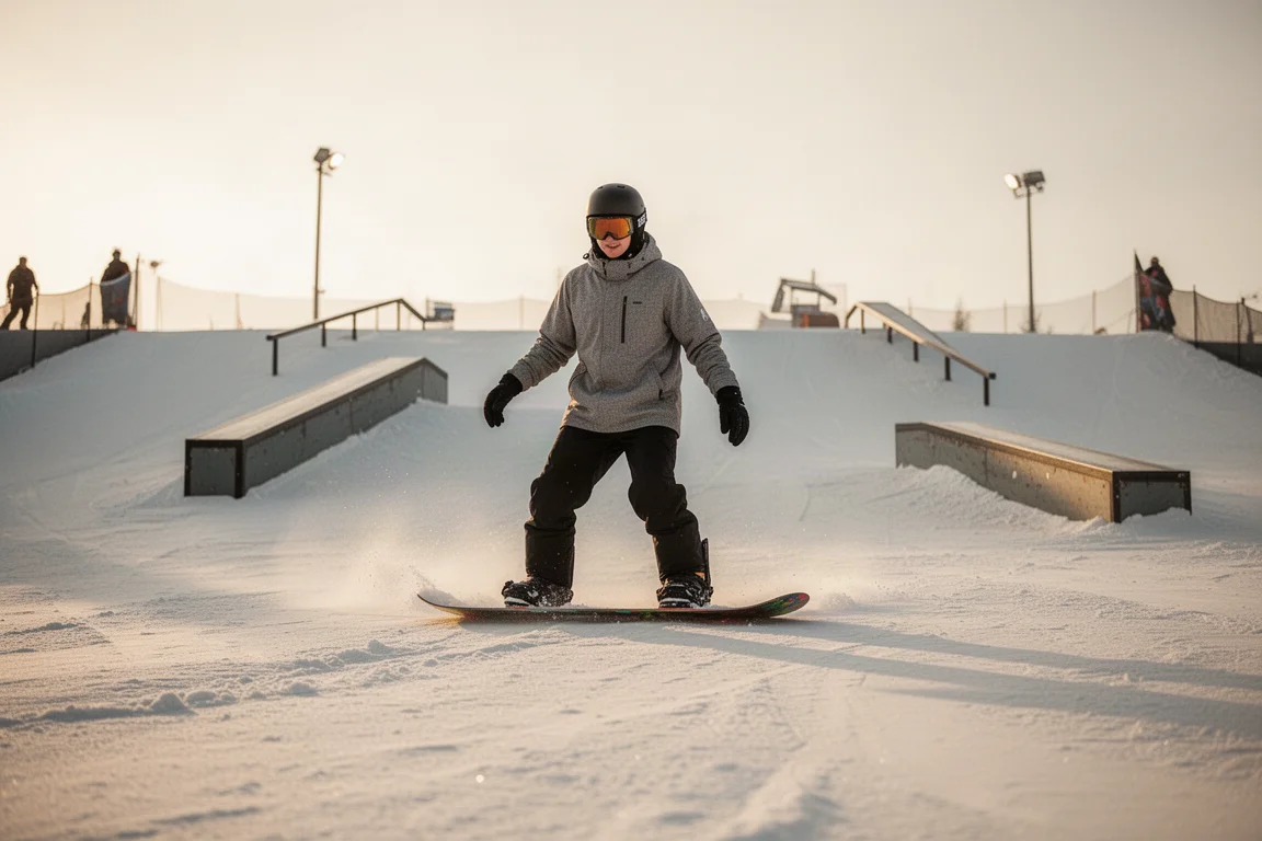 Snowboarder cruist im späten Nachmittagslicht durch einen Terrainpark