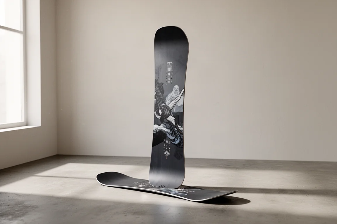 Rome Stale Mod 156 Freestyle-Snowboard aufrecht auf Beton stehend