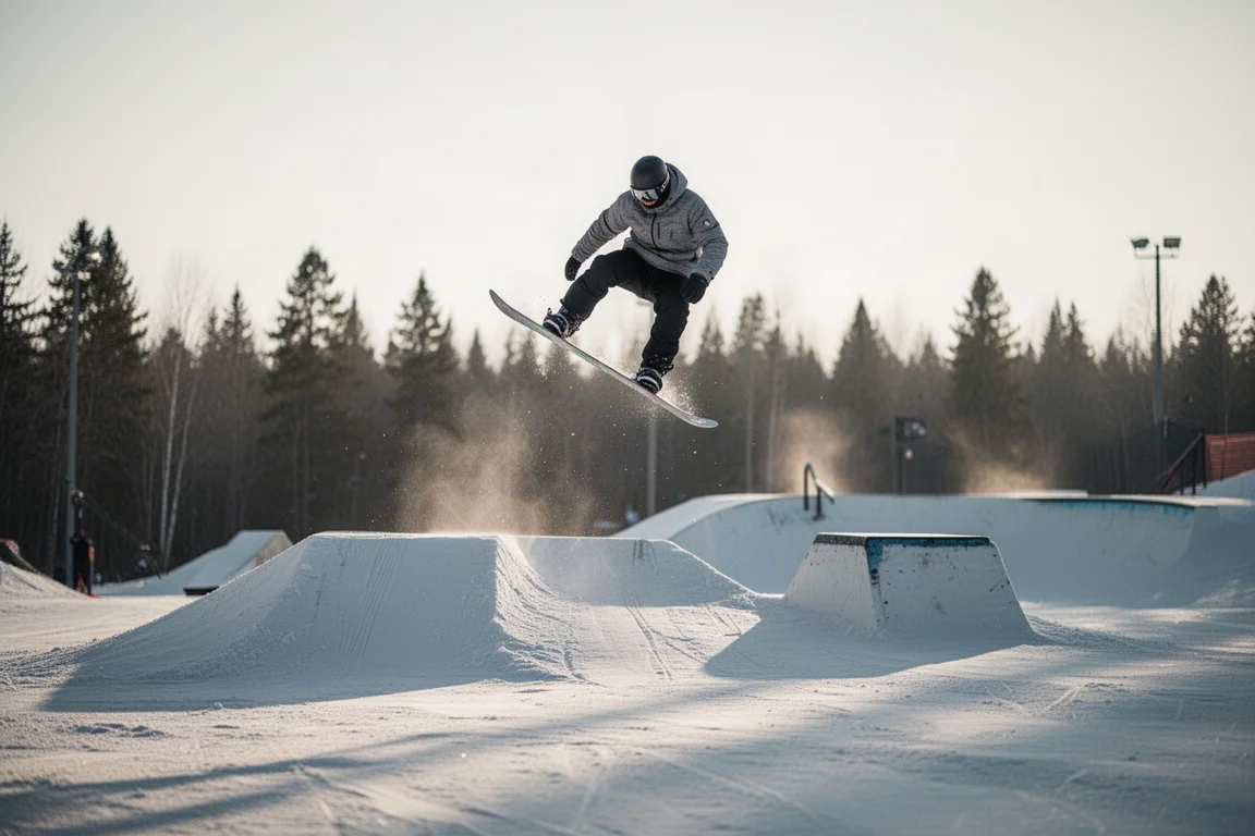 Snowboarder popping off a park jump in late afternoon light