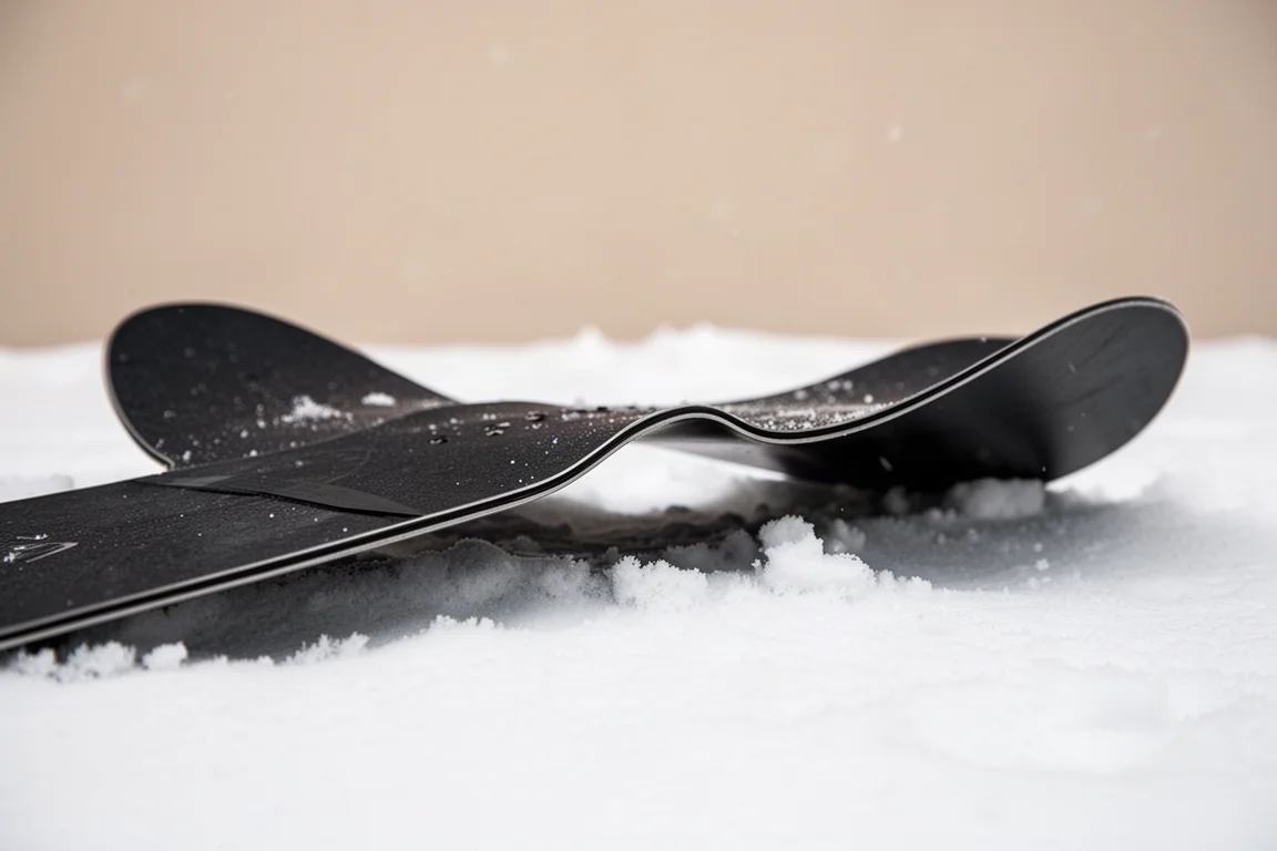 Close-up of a snowboard camber profile flexed on snow