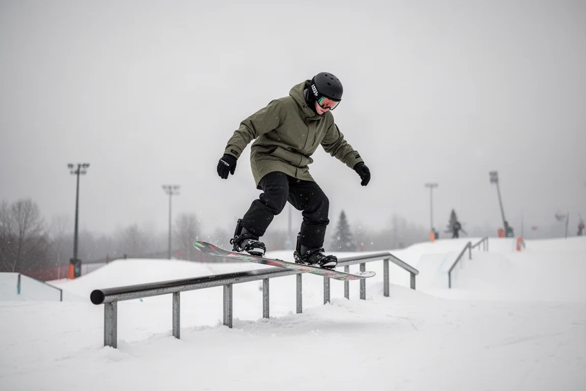 Snowboarder sliding a rail in a terrain park