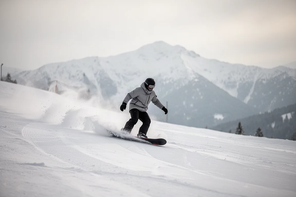 Snowboarder carving down an open piste at speed