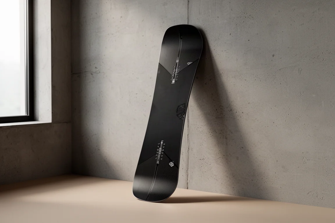 Rome Stale Mod snowboard standing upright against a concrete wall