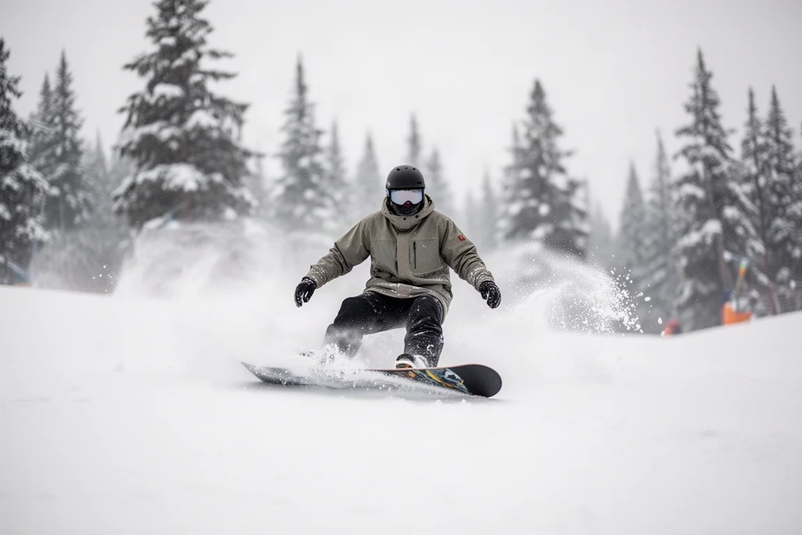Snowboarder fährt durch frischen Pulverschnee auf einem sonnigen Pistenabschnitt