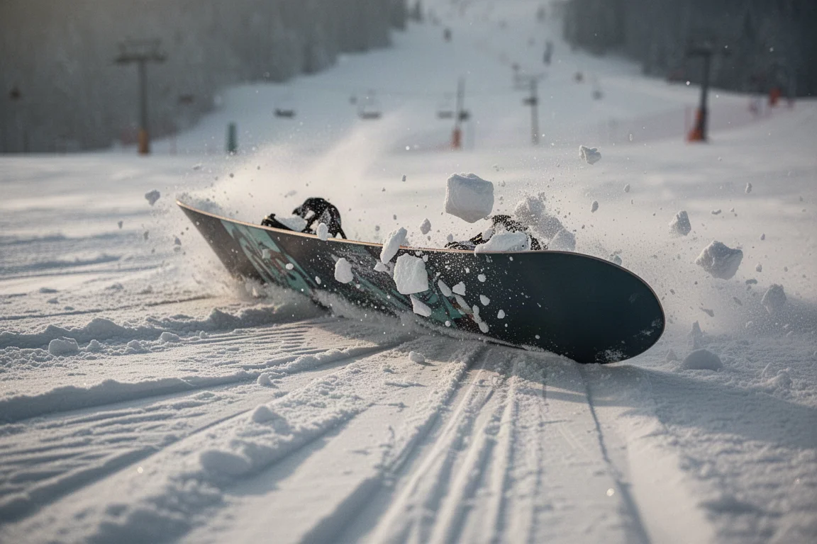 Nahaufnahme einer Snowboard-Nose mit 3D-Löffelform auf Schnee