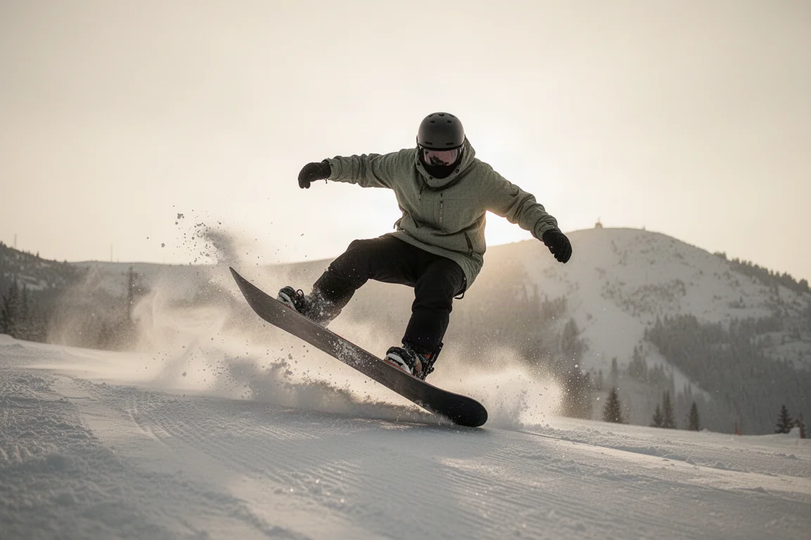Snowboarder springt von einem kleinen Side Hit neben einer präparierten Piste ab