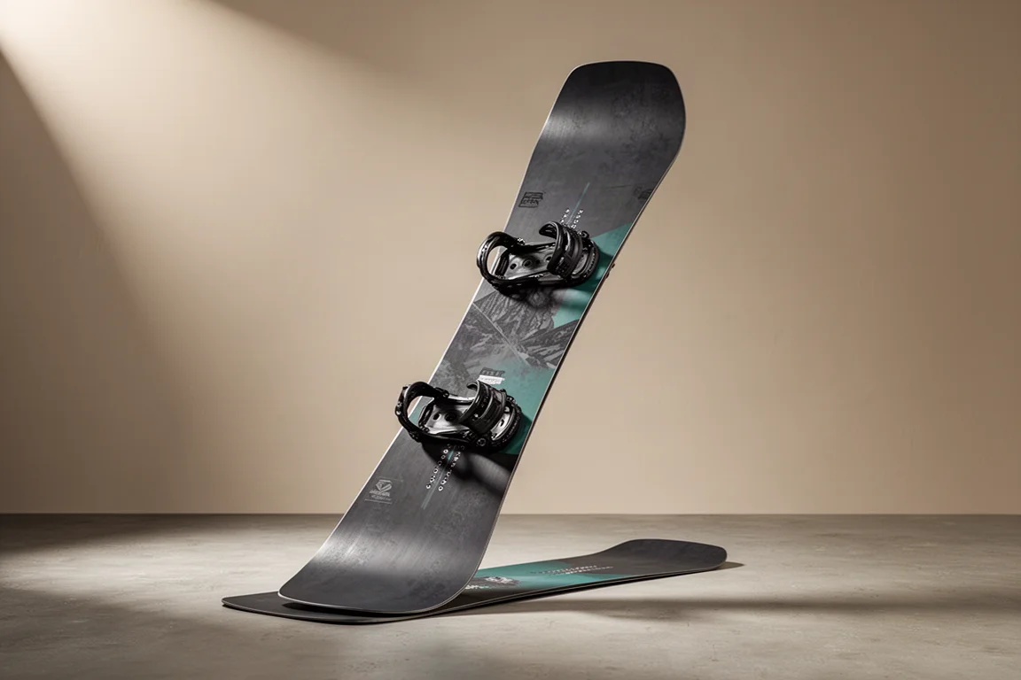Richtungsabhängiges Freeride-Snowboard liegt schräg auf einem Betonboden