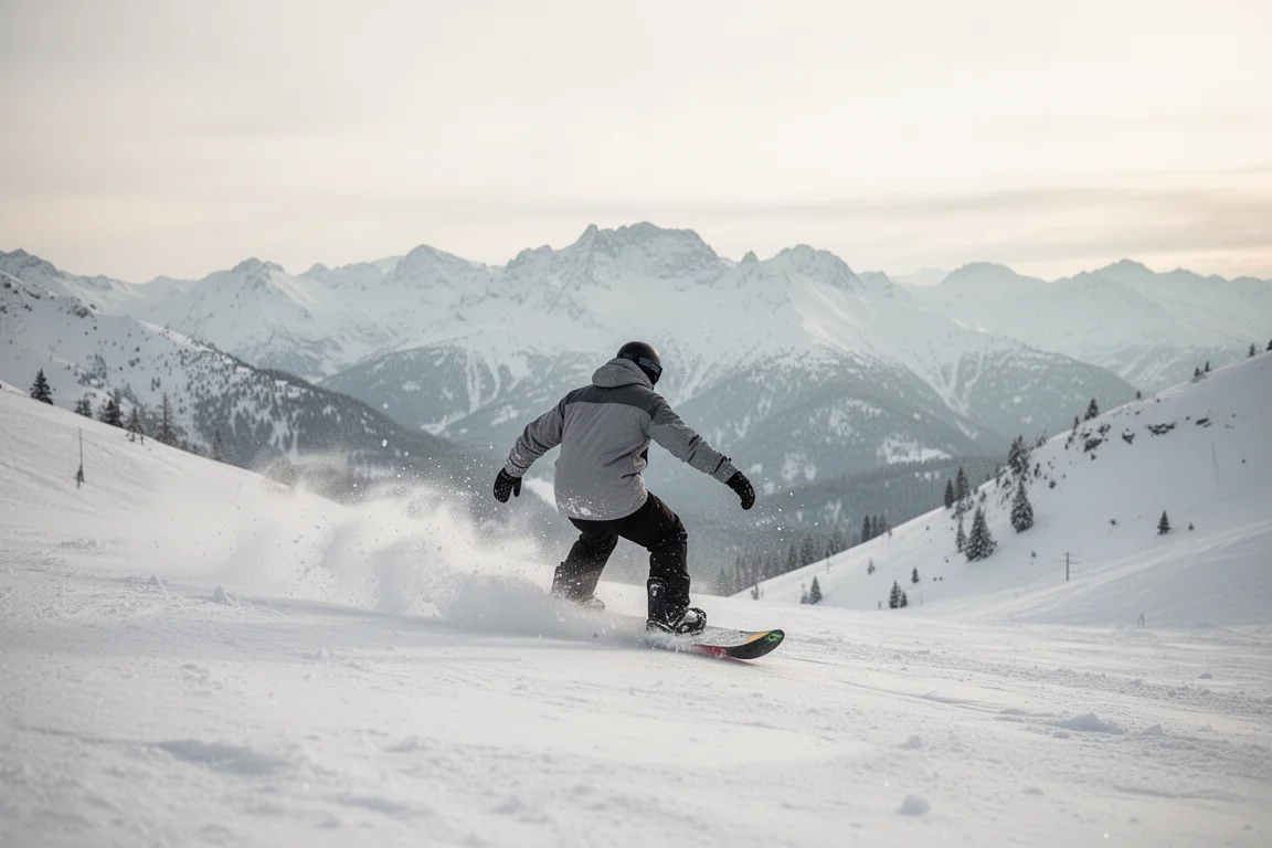 Snowboarder tnący świeży śnieg na szerokim, otwartym stoku górskim