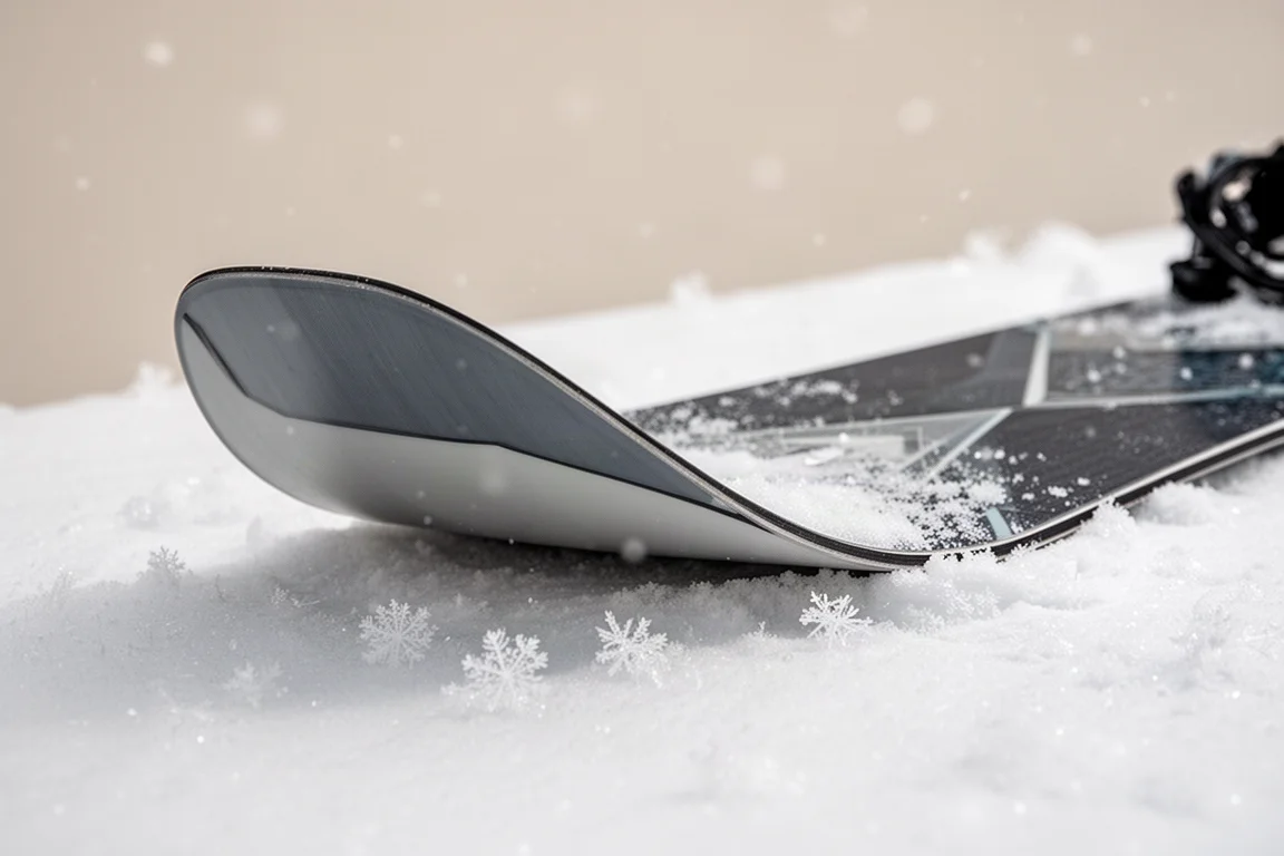 Zbliżenie na nosek deski snowboardowej z profilem 3D leżącej w głębokim śniegu