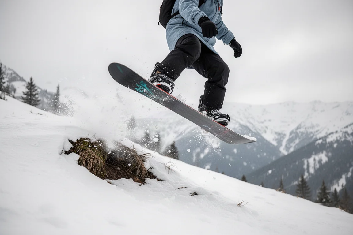 Snowboarder wyskakujący z małego bandetu z rozbryzgiem śniegu