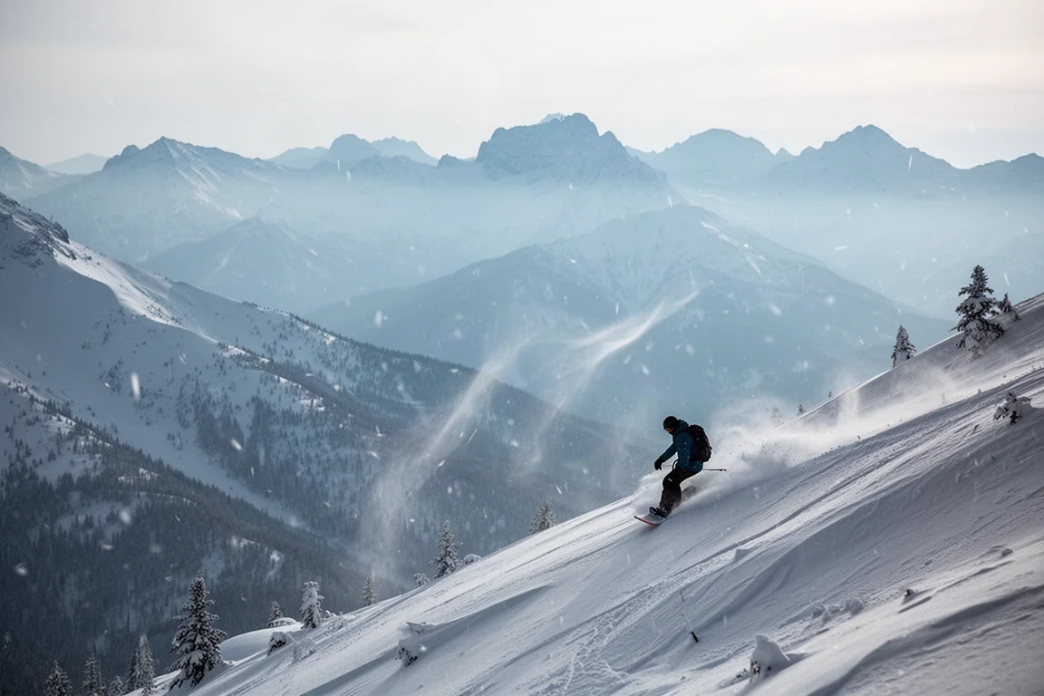 Snowboarder jadący przez teren backcountry ze stromymi szczytami w tle