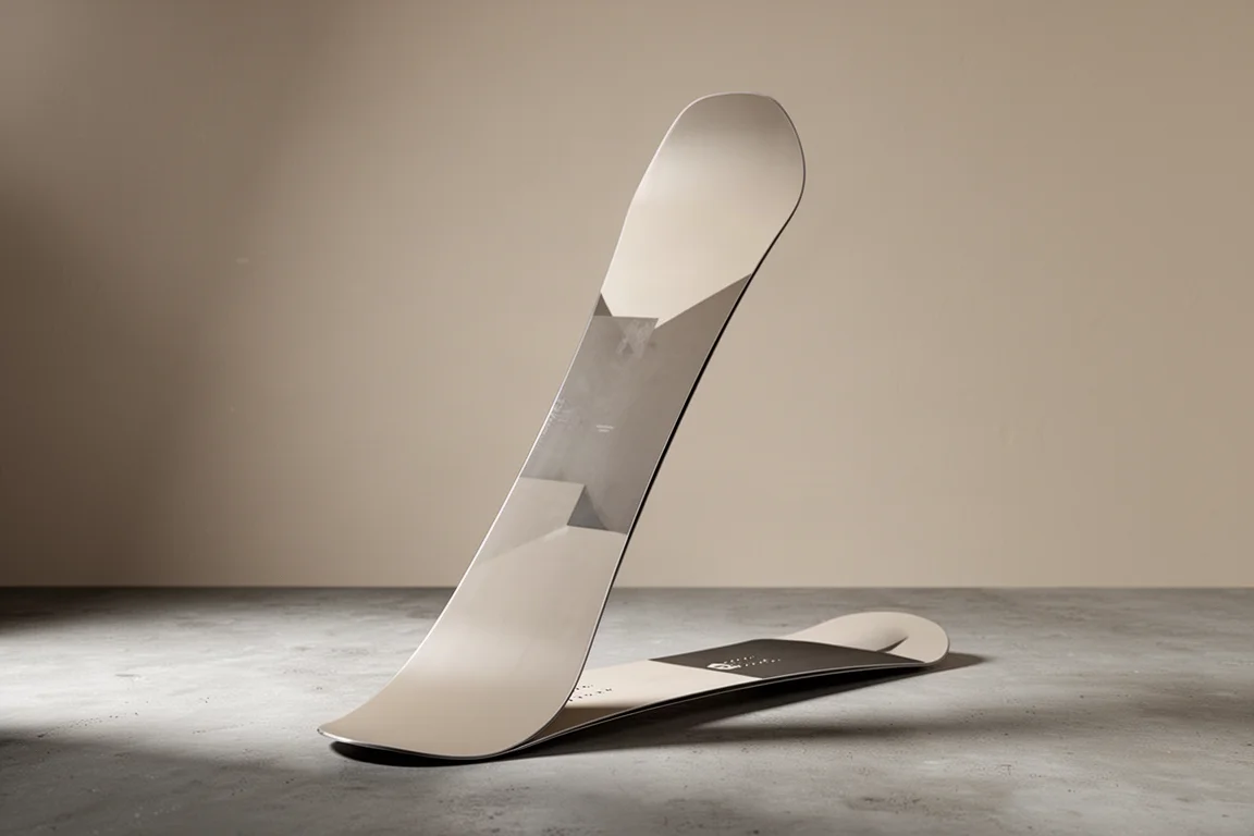 Rome Stealthfish directional snowboard standing upright on a concrete surface