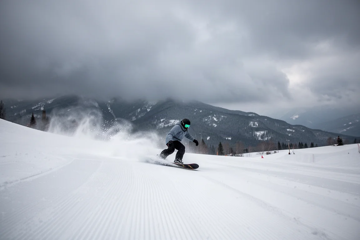 Snowboarder fährt auf einer frisch präparierten Piste, während graue Gewitterwolken aufziehen