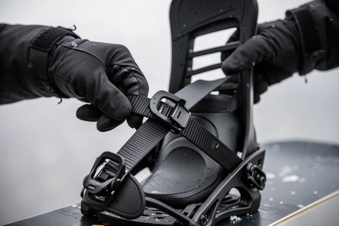 Nahaufnahme einer behandschuhten Hand, die den Ratschenriemen eines Snowboard-Bindings anzieht