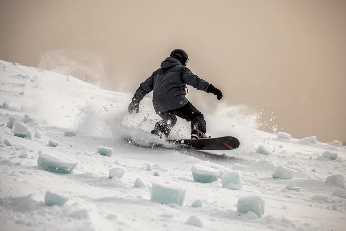 Snowboarder fährt durch grobes, gefrorenes Schneegestöber an einem steilen Hang
