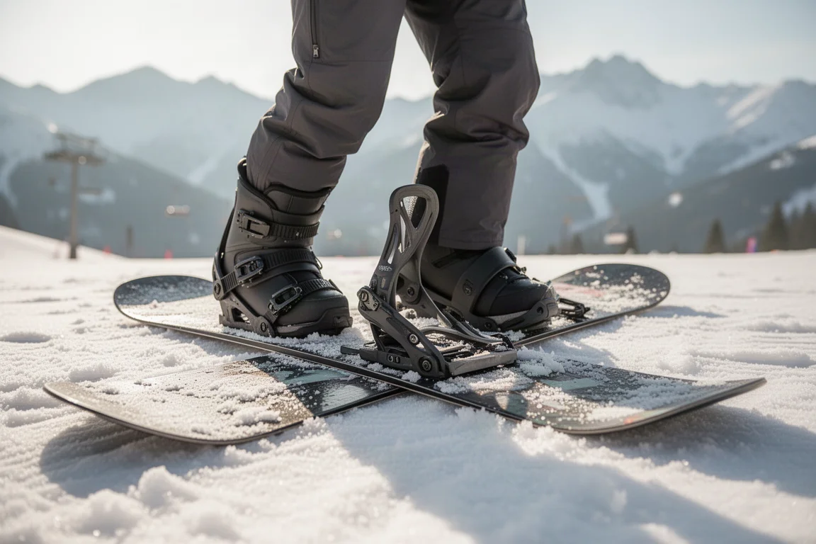 Snowboard binding strapped to a boot on a sunny resort slope