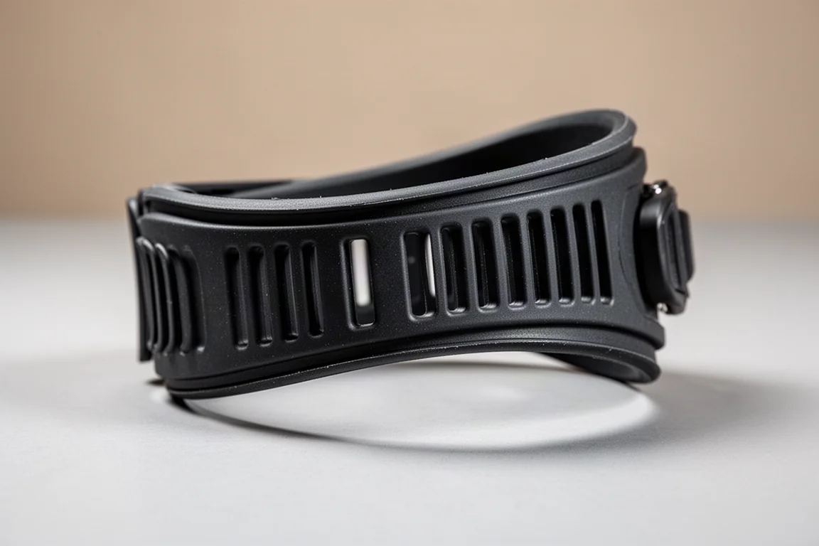 Close-up of a molded snowboard ankle strap flexing under pressure