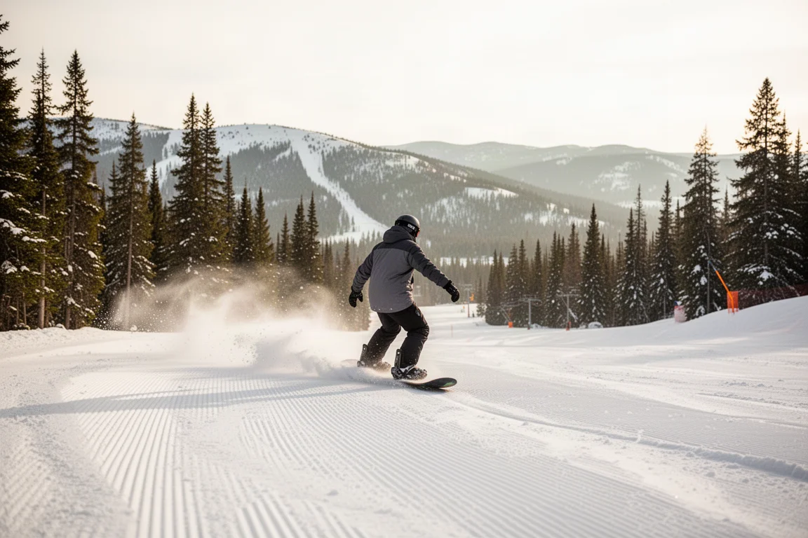 Snowboarder carving firm snow on a wide mountain run