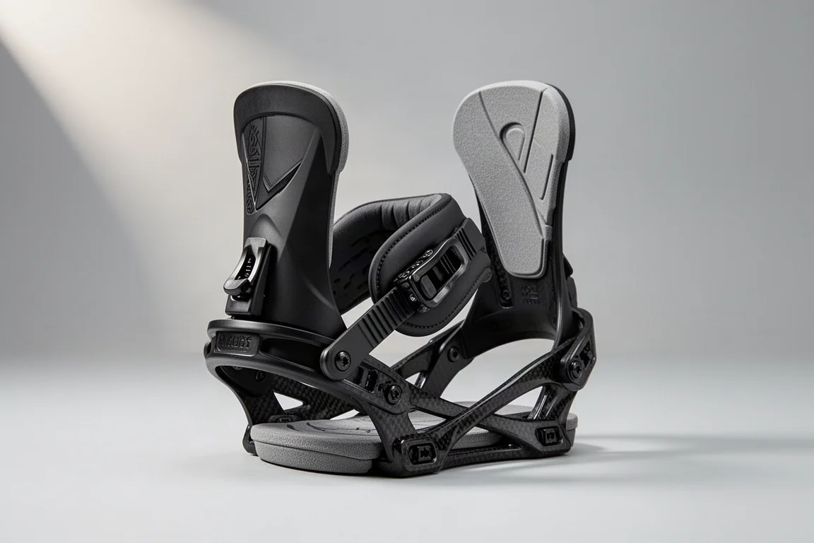 Rome Trace Pro snowboard binding shown at a three-quarter angle on a grey backdrop