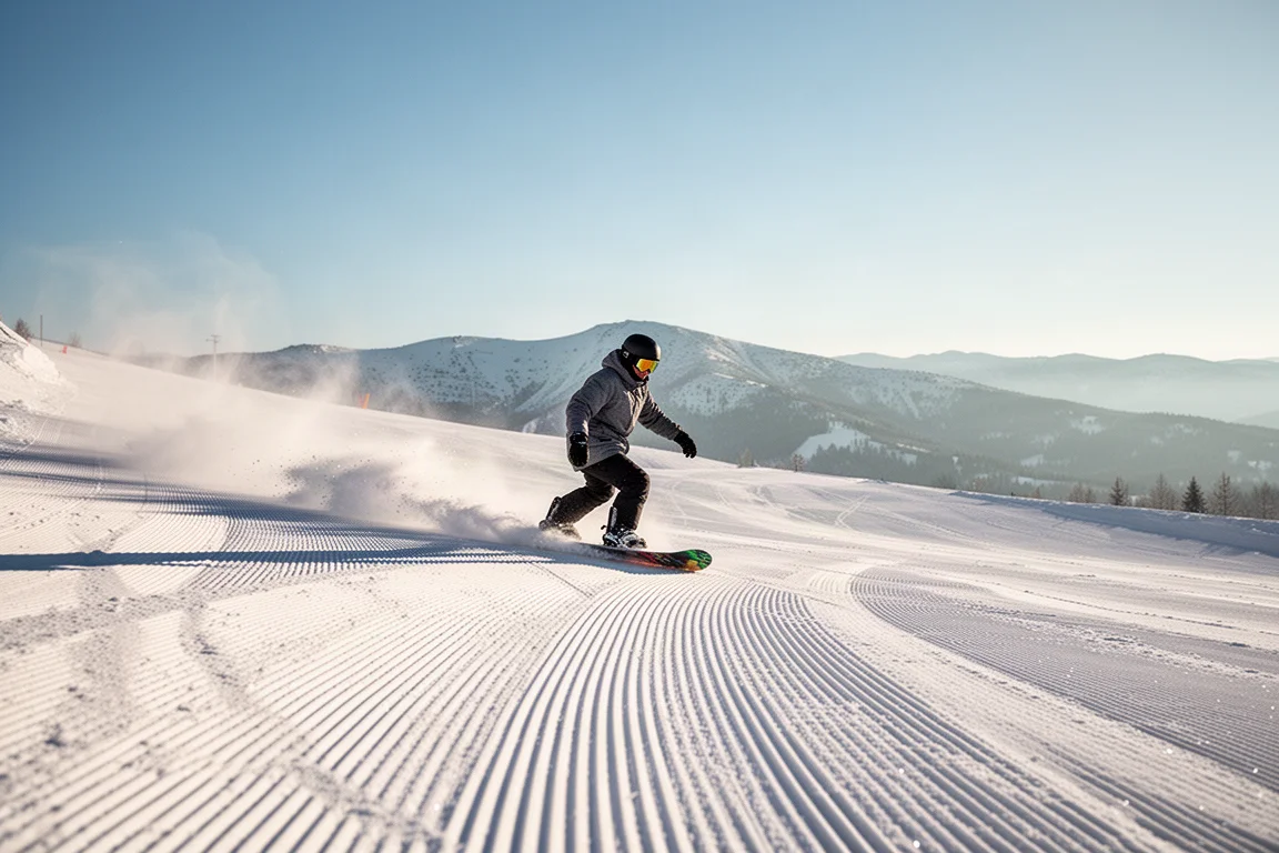 Snowboarder trazando curvas sobre nieve de pistas acordonadas bajo cielos despejados