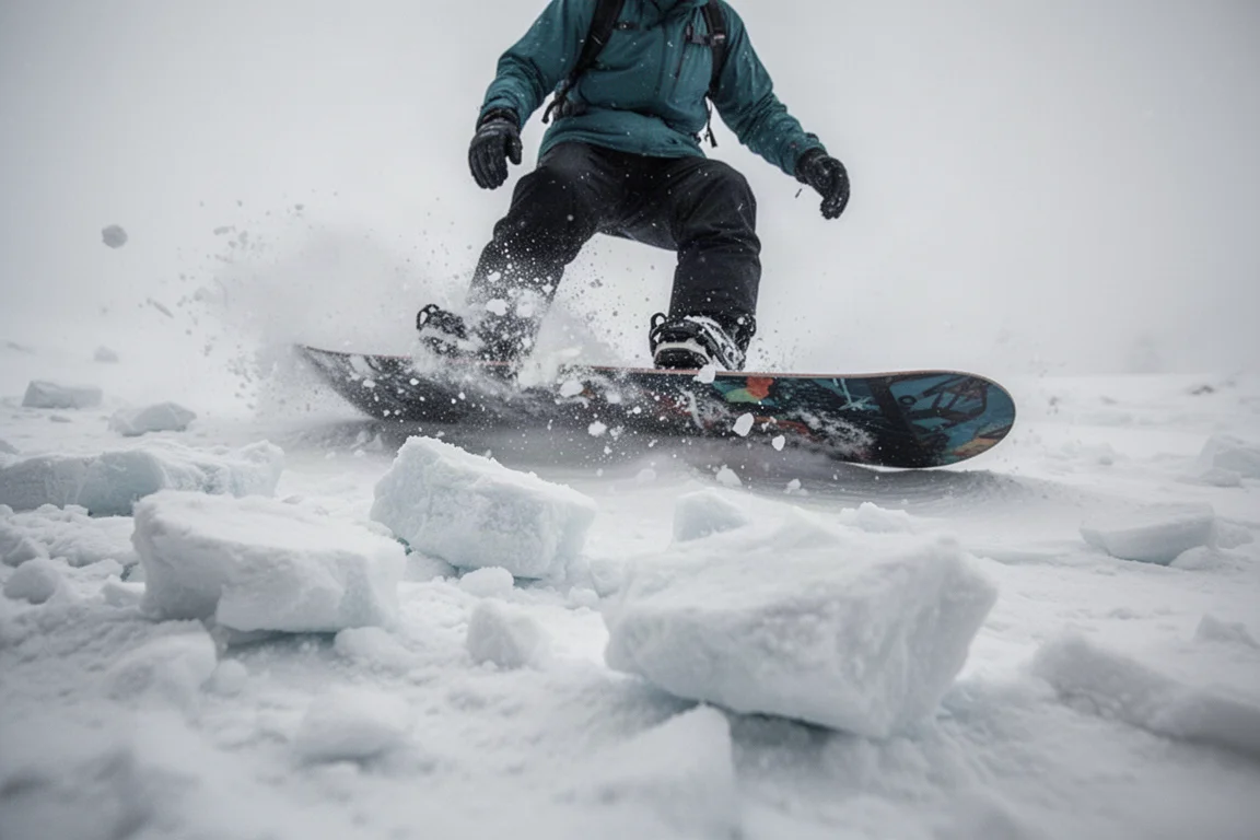 Snowboarder cruzando un terreno de nieve costra desigual