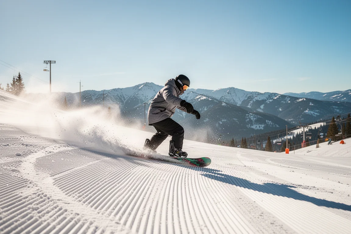 Snowboarder che scava una curva su una pista battuta soleggiata in una stazione montana