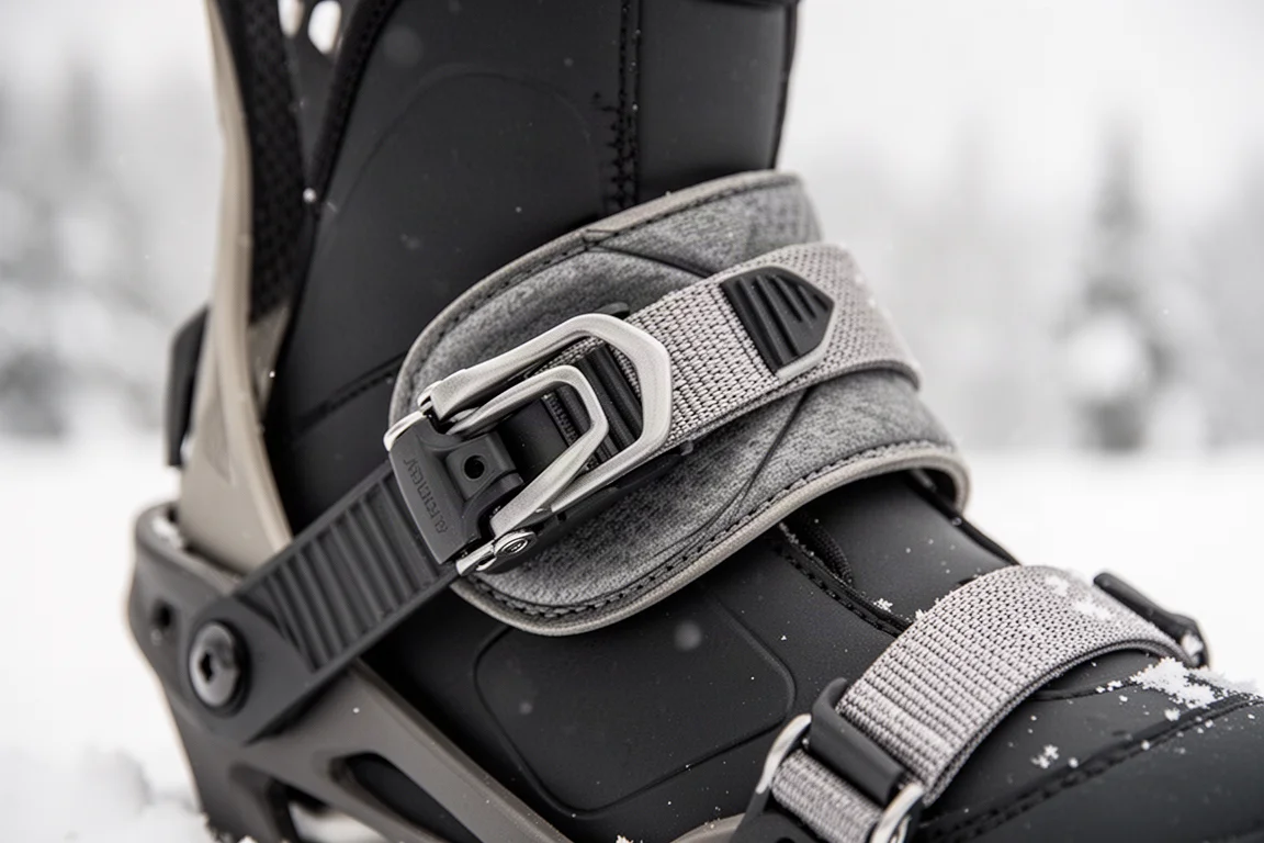 Primo piano di una cinghia a cricchetto di un attacco snowboard serrata su uno scarpone