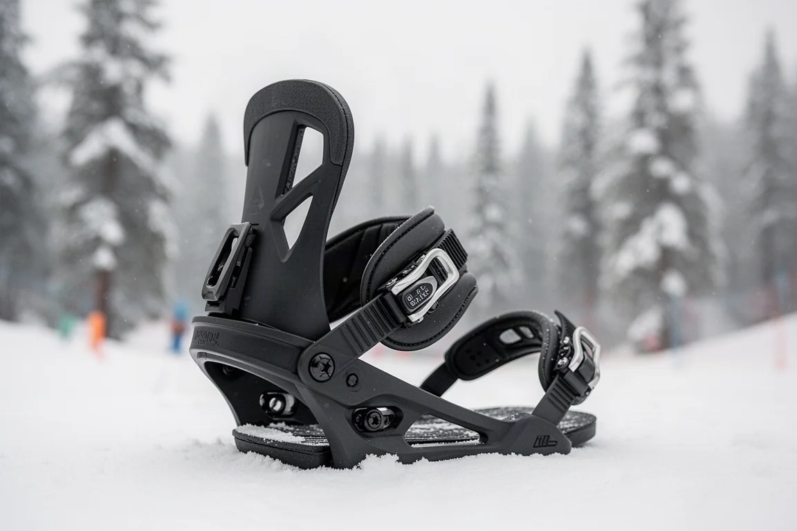 Highback di un attacco snowboard con regolazione del forward lean in una stazione innevata