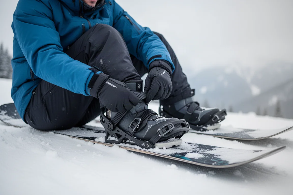 Snowboarder schnürt sich am verschneiten Hang in die Bindungen