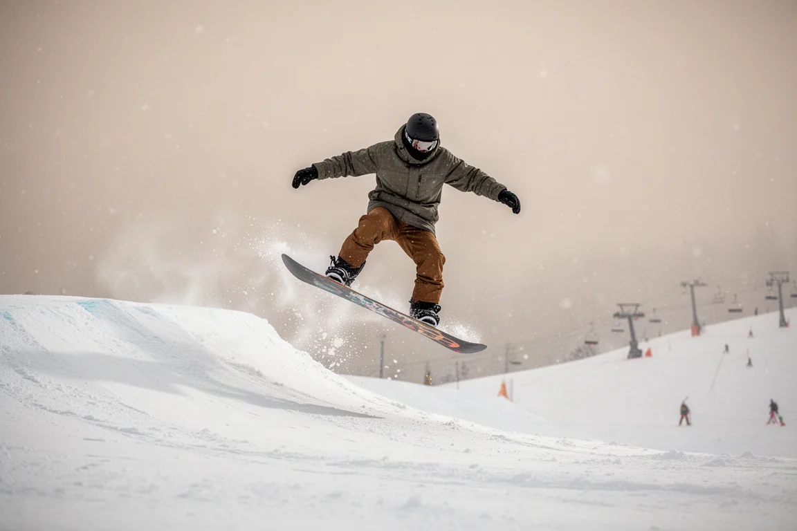 Snowboardåkare som pressar och vrider ett trick på en lugn pist