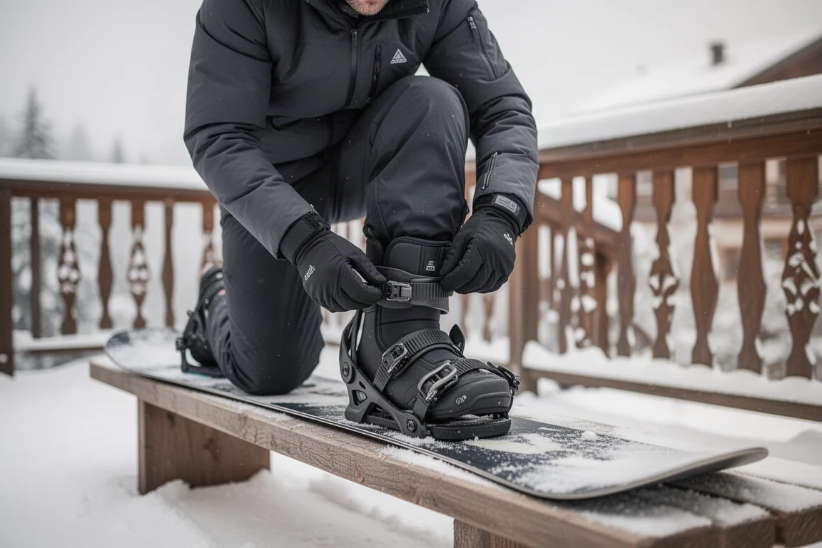 Snowboardåkare som justerar en fotledsrems position på bootens kant