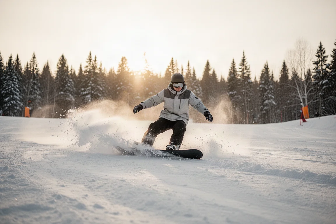 Snowboardåkare som carvar genom slaskig snö en solig vårdag