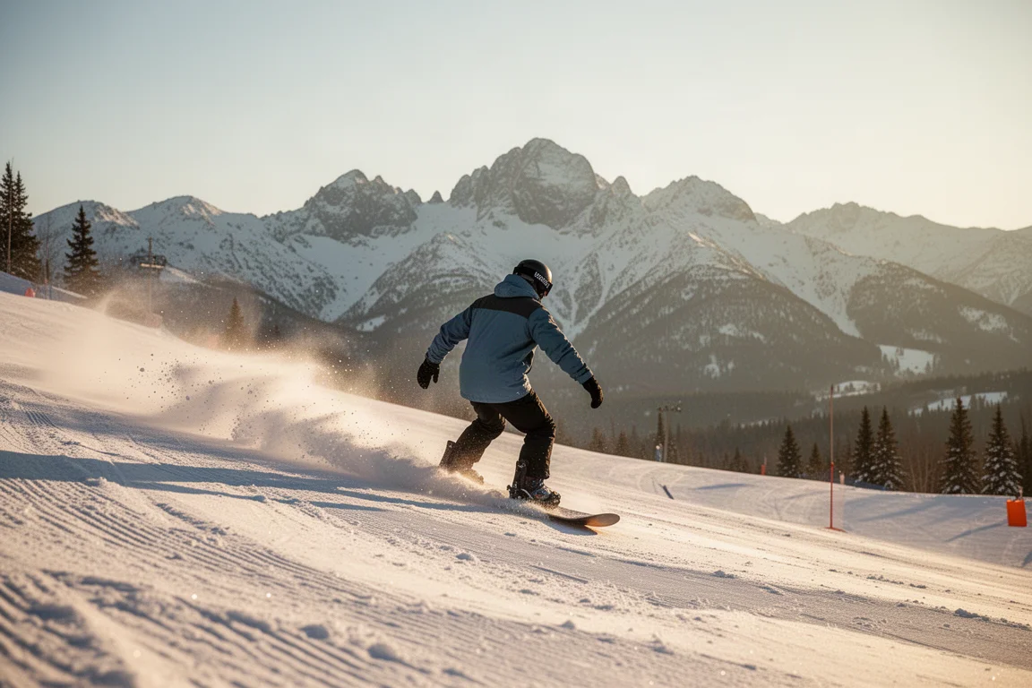 Snowboarder auf sonniger präparierter Piste mit Bergkulisse