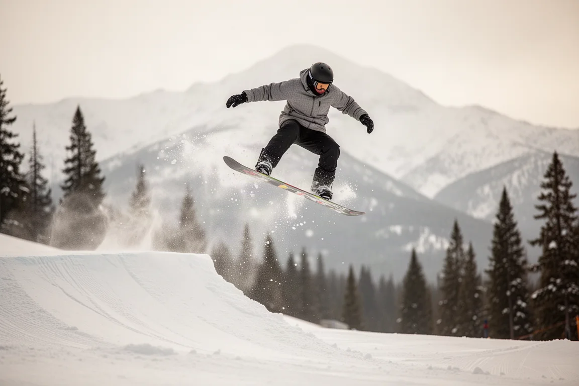 Snowboarder startet von einem kleinen Side Hit im Terrainpark