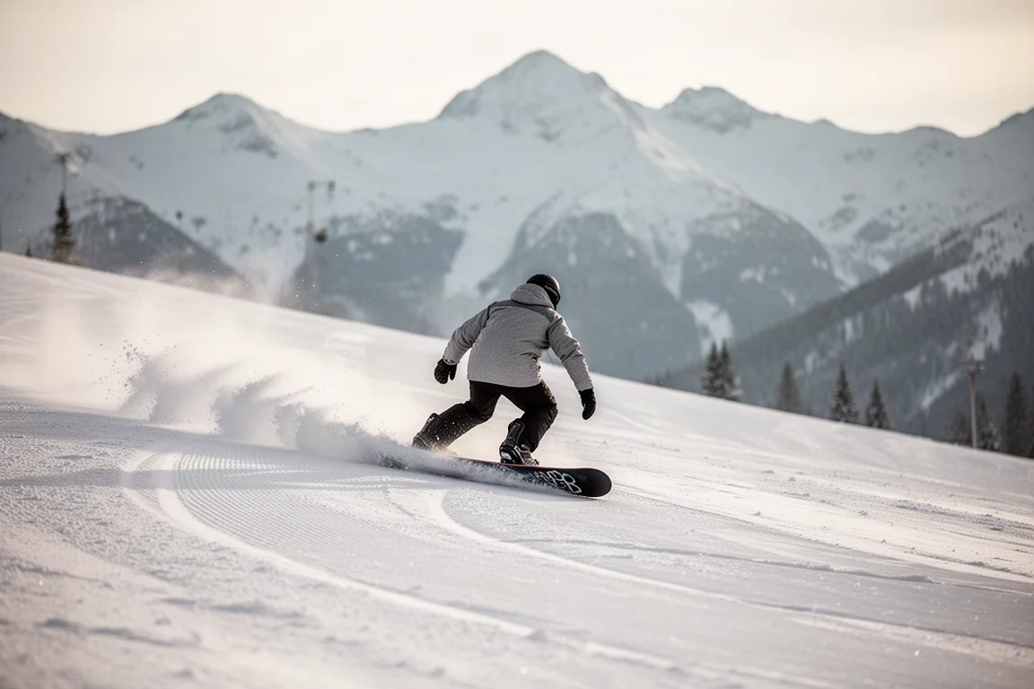 Snowboarder legt sich bei einer tiefen Carve-Schwungart auf hartem Pistenbelag in den Schwung