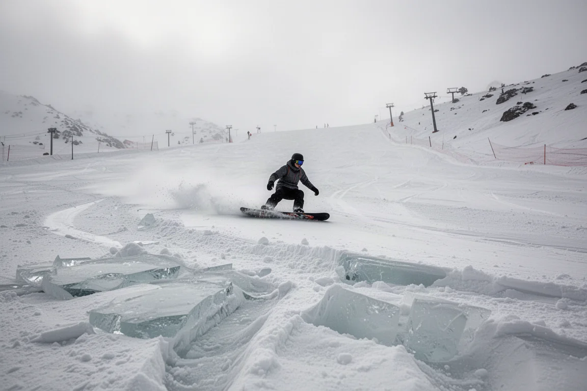單板滑雪者在機壓山道上穿越混合雪況滑行