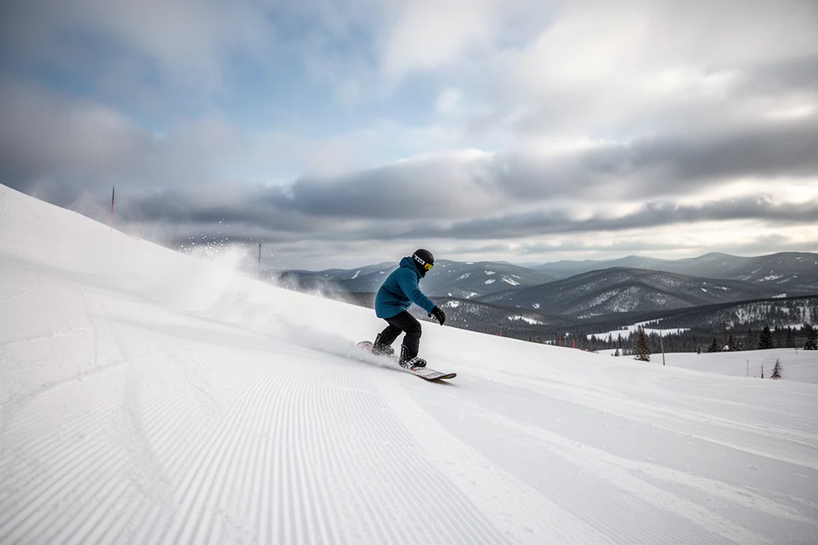 Snowboarder trazando curvas en pistas prepareadas bajo un cielo variable