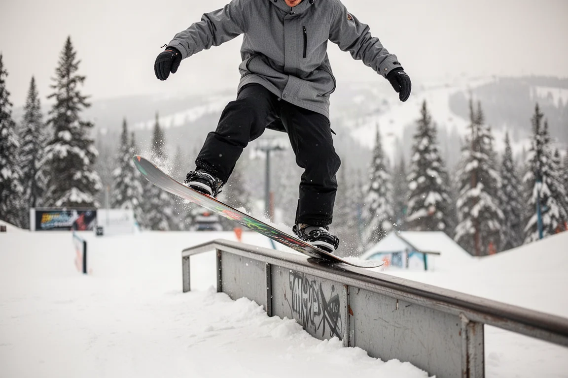 Snowboarder presionando sobre una barra en un terrain park