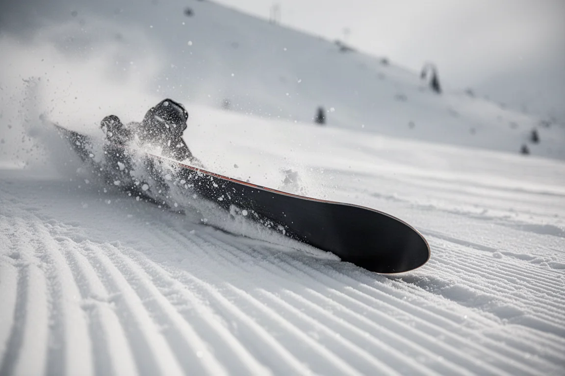 Primer plano de la canto de una tabla de snowboard mordiendo la nieve compacta durante un giro