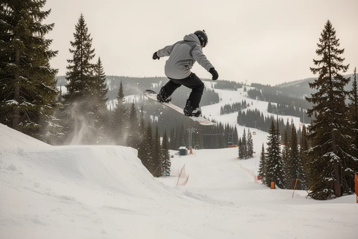 Snowboarder saltando desde un salto lateral en una pista de servicio