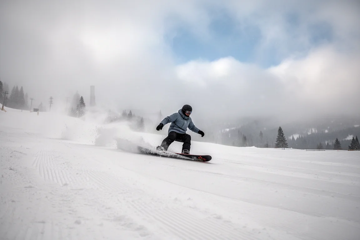 Snowboarderzy carvingujący po przygotowanej trasie pod pochmurnym niebem